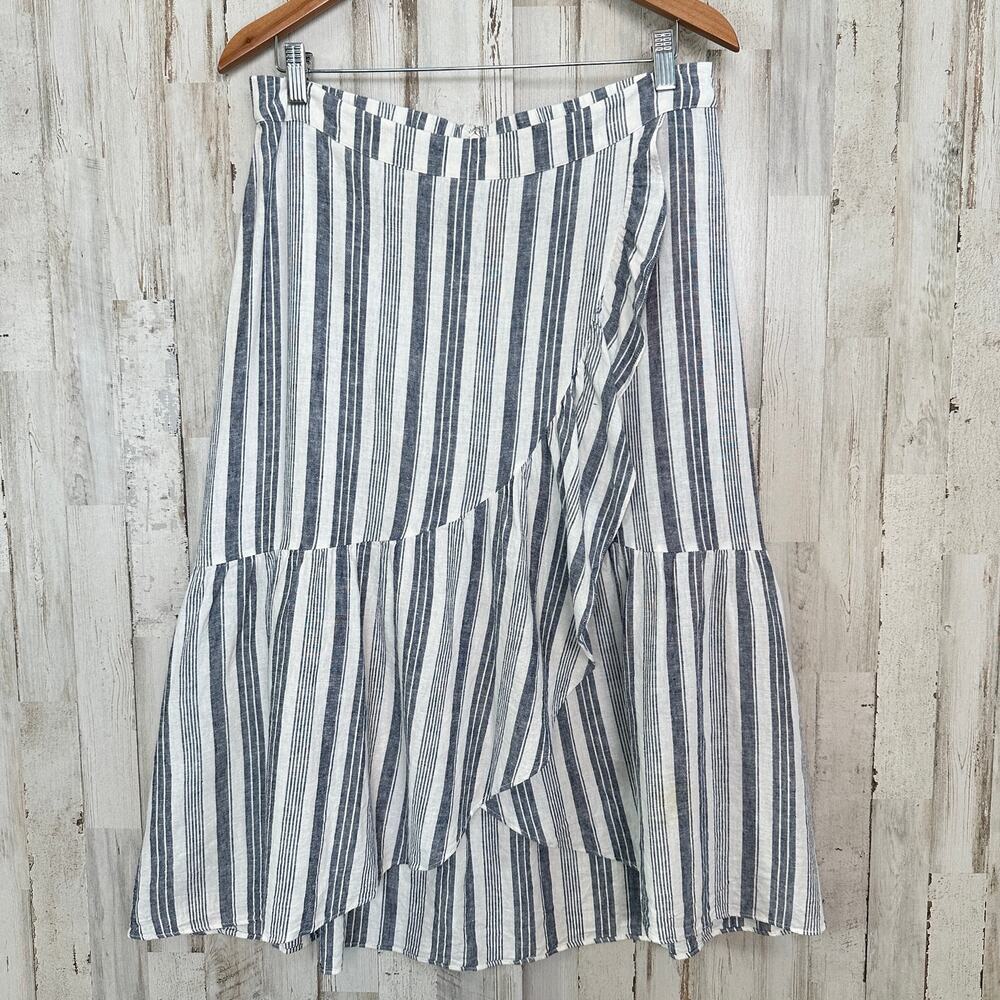 Downeast Linen Blend Wrap Midi Skirt XL Blue Striped Ruffled VGUC Boho Coastal